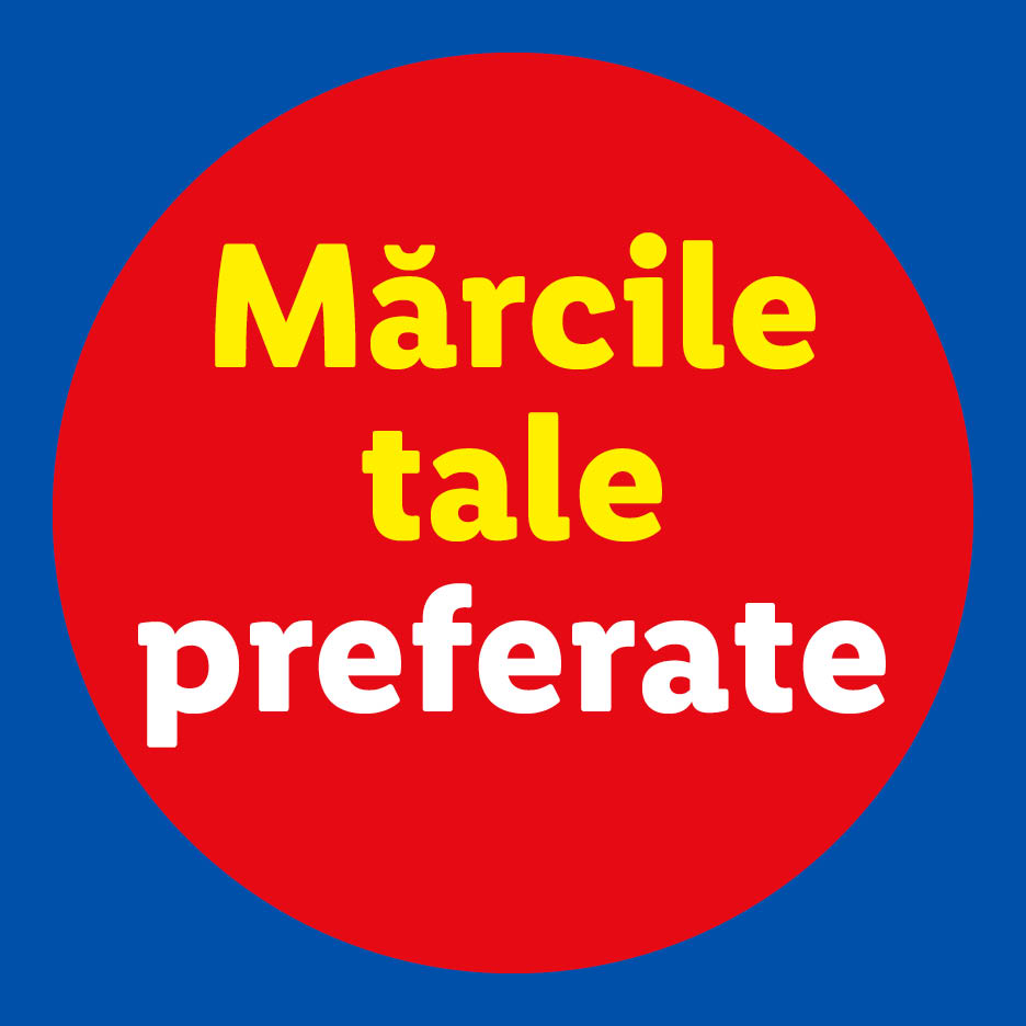 Textul „Mărcile tale preferate” pe un fundal roșu circular, încadrat de albastru.