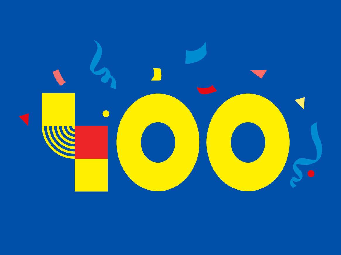 Ilustrație cu numărul 400 în galben, cu confetti colorate pe un fundal albastru.