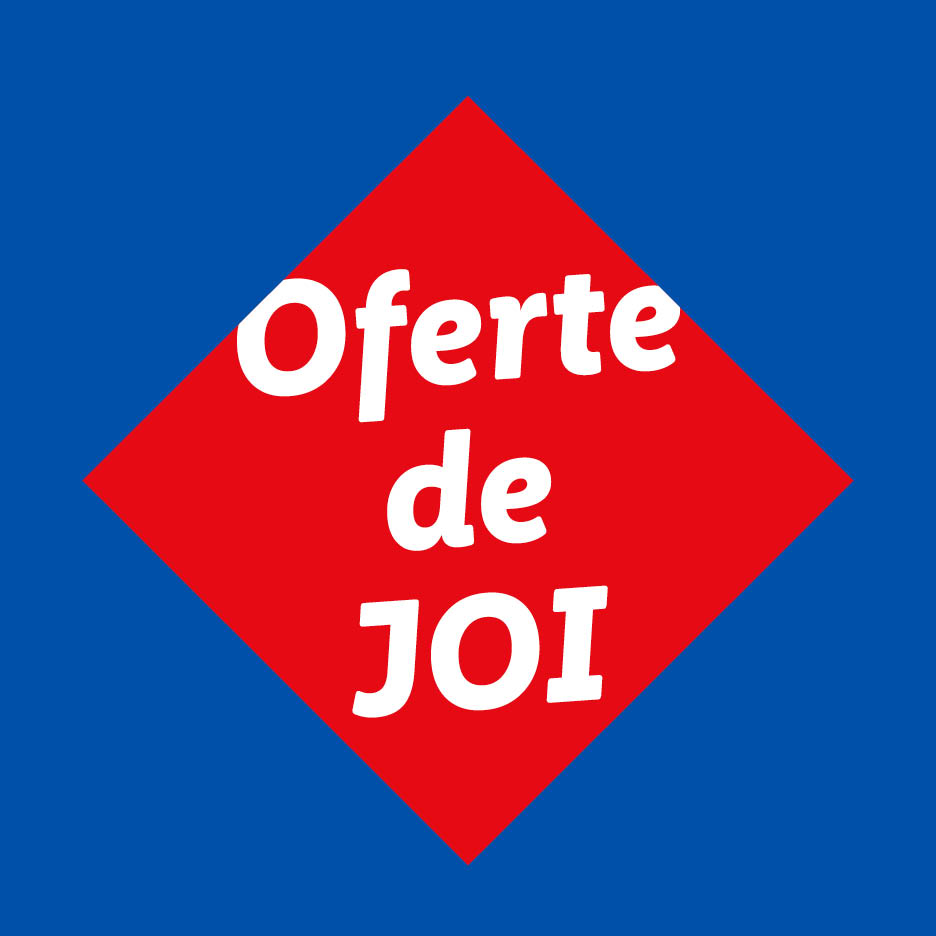 Un romb roșu cu textul alb 'Oferte de JOI' pe un fundal albastru.