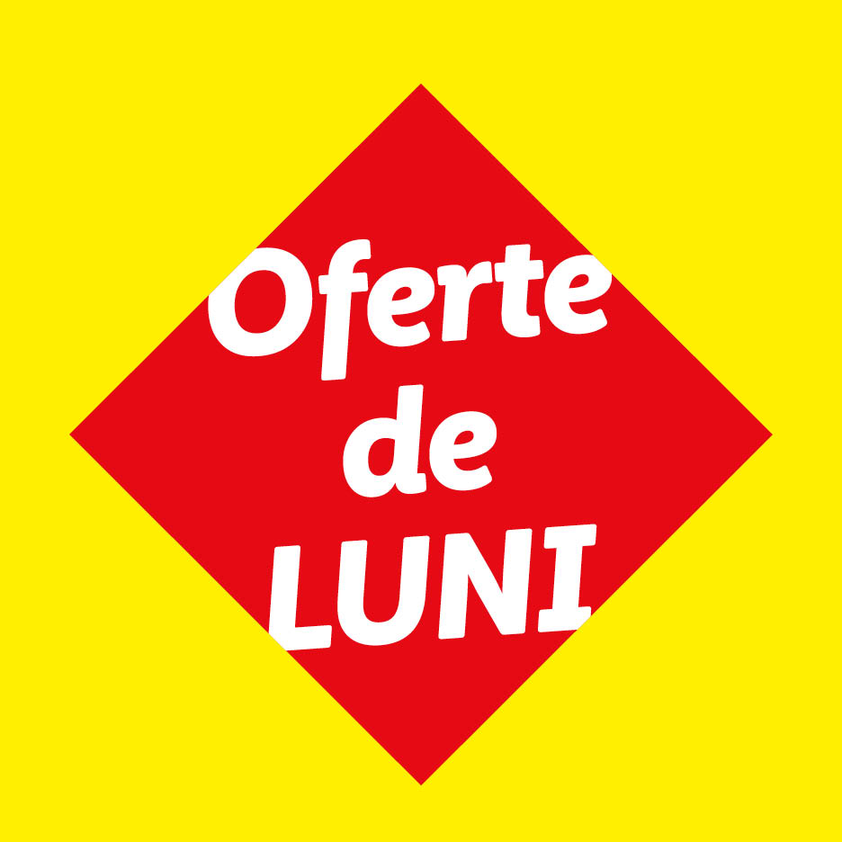 Un romb roșu pe un fundal galben, cu textul alb 'Oferte de LUNI'.