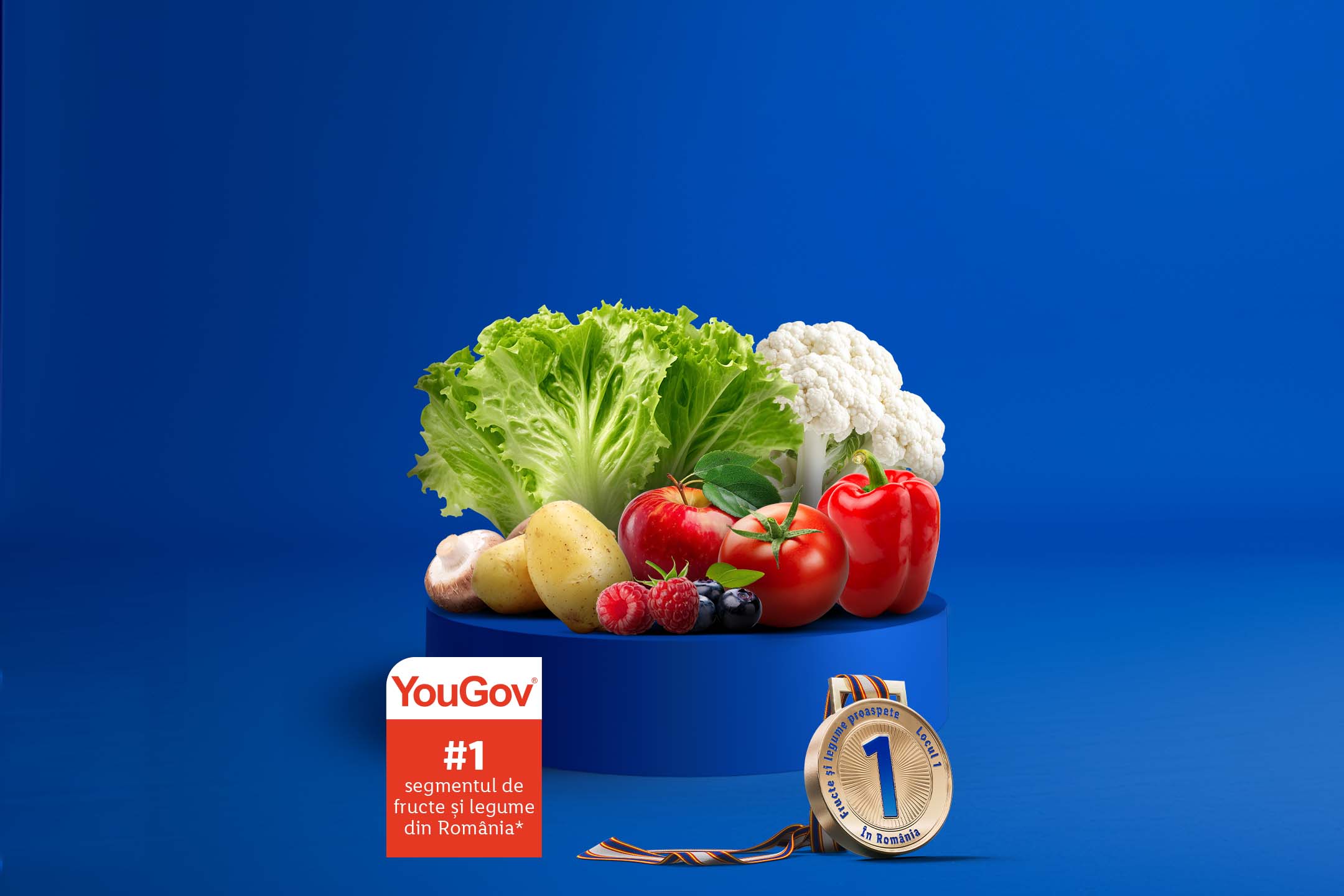 Legume și fructe proaspete, inclusiv salată, conopidă, cartofi, mere, roșii, ardei, zmeură și afine, cu o medalie Locul 1.