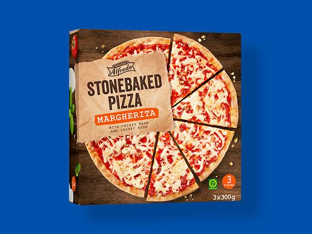 Pizza Alfredo Stonebaked Margherita, 3 bucăți a 300g, pe o cutie de carton.