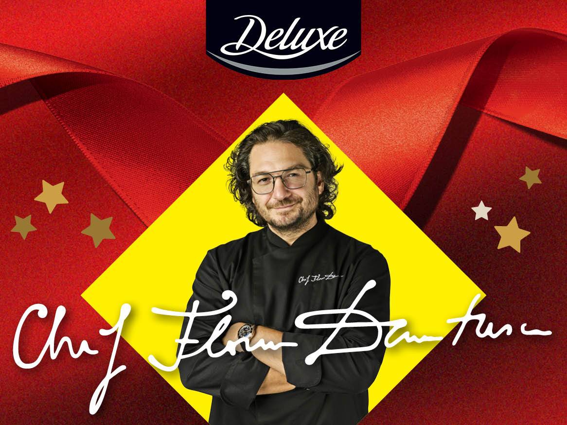 Chef Florin Dumitrescu pentru Deluxe, pe un fundal roșu cu stele aurii.
