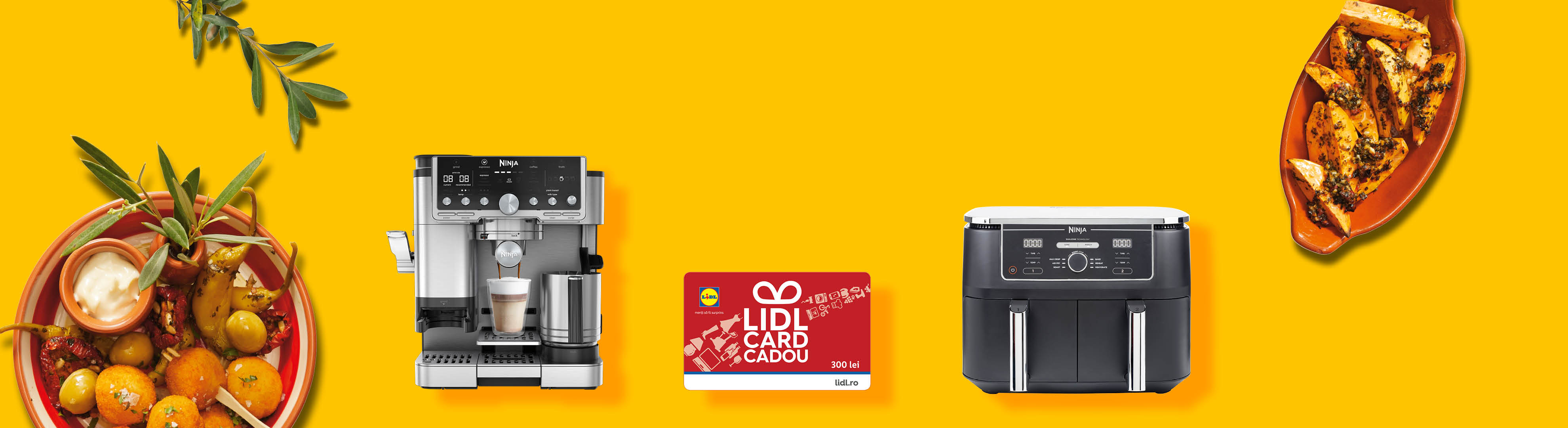 O mașină de cafea Ninja, o friteuză cu aer cald Ninja și un card cadou Lidl, alături de mâncare.