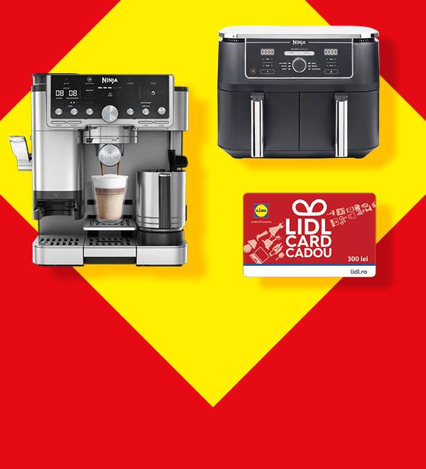Aparat de cafea Ninja, friteuză cu aer Ninja și card cadou Lidl pe un fundal roșu și galben.