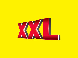 Logo XXL: litere roșii tridimensionale pe fundal galben.