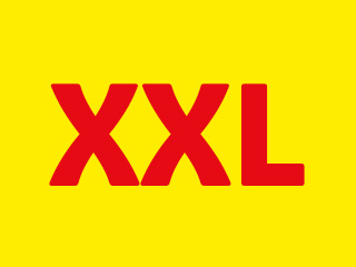 Logo-ul XXL, cu litere roșii pe un fundal galben.