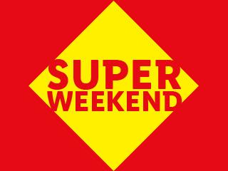 Un romb galben pe un fundal roșu, cu textul roșu „SUPER WEEKEND” în centru.