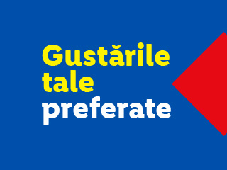 Text galben pe fundal albastru: „Gustările tale preferate”, cu o săgeată roșie în dreapta.