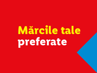Textul „Mărcile tale preferate” pe un fundal roșu cu un colț albastru.