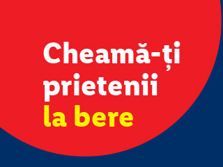Text roșu și galben pe fundal albastru, cu mesajul „Cheamă-ți prietenii la bere”.