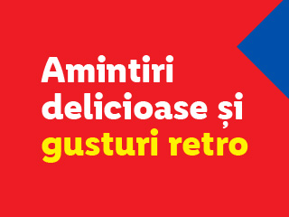 Textul „Amintiri delicioase și gusturi retro” pe un fundal roșu cu un colț albastru.