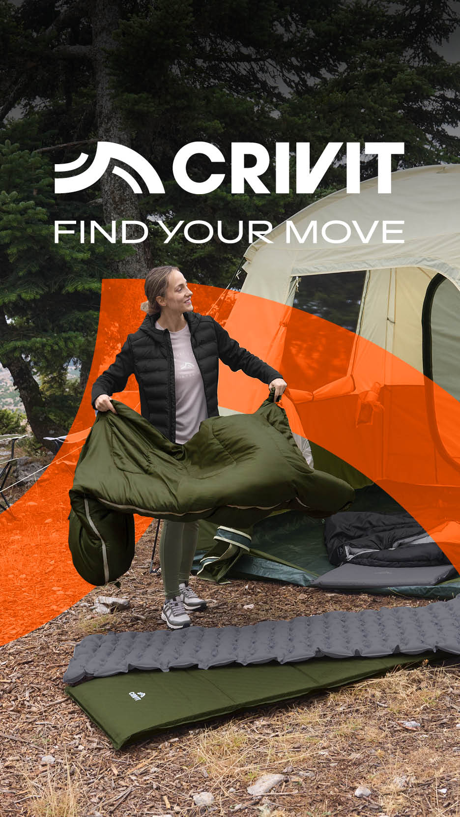Femeie pregătind un sac de dormit și saltele de camping lângă un cort, cu textul „FIND YOUR MOVE”.