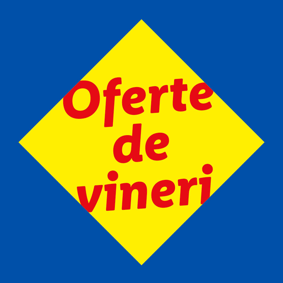 Ofertă de vineri pe un fundal albastru, cu text roșu pe un romb galben.