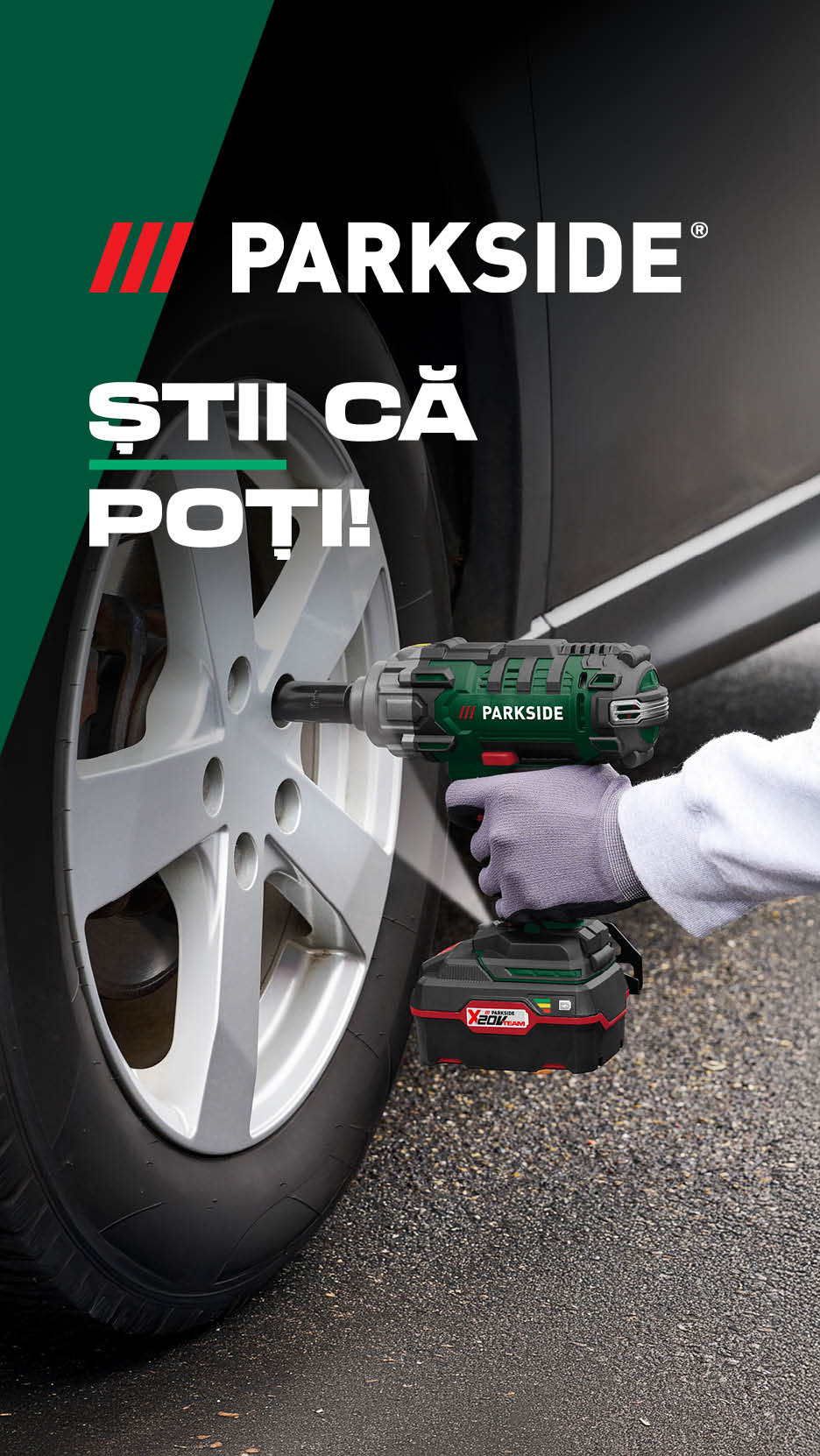 O persoană folosește o mașină de înșurubat cu impact pentru a schimba o roată de mașină, cu textul 'ȘTII CĂ POȚI!'.