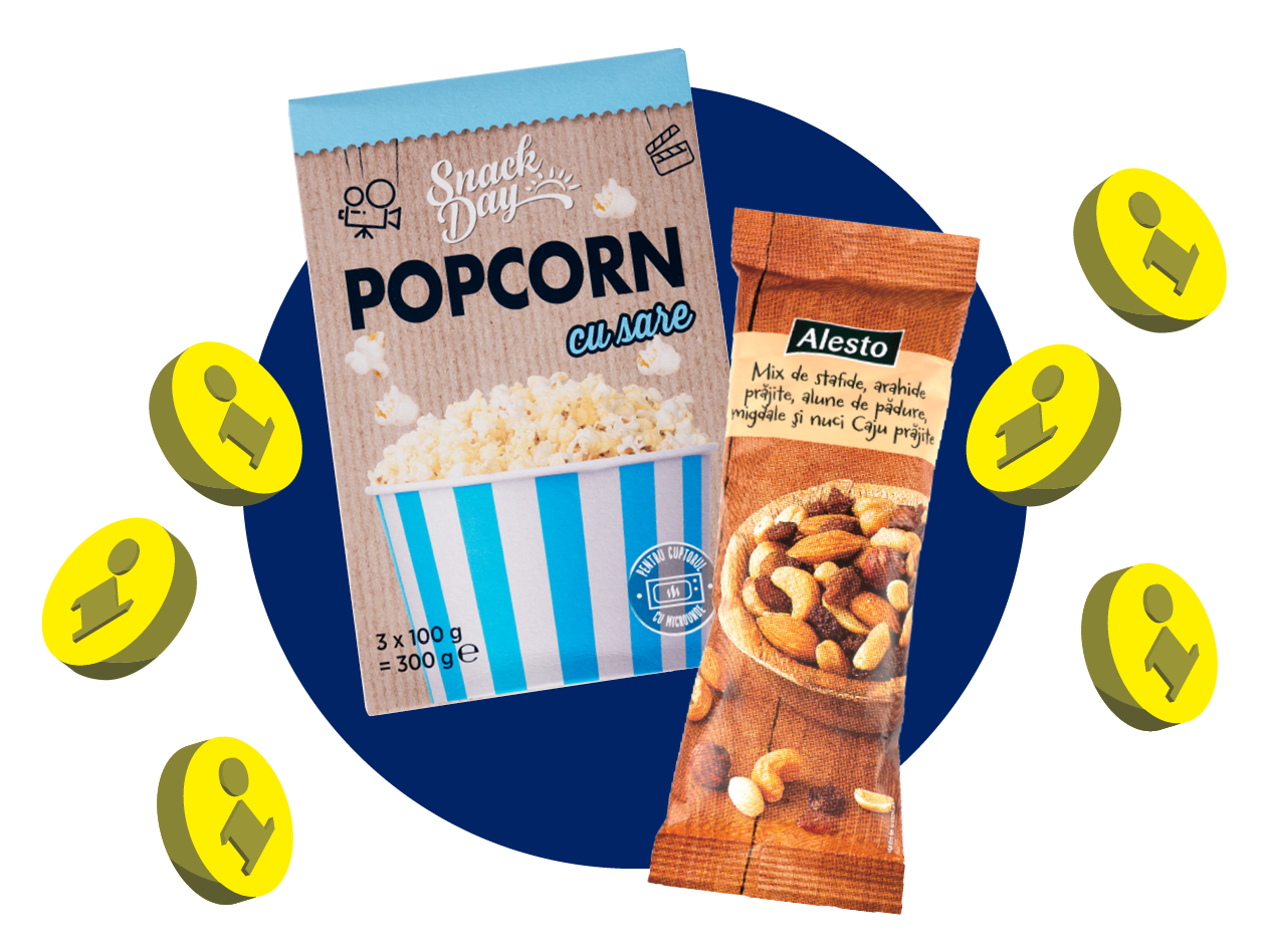 O cutie de popcorn și un pachet de mix de nuci, înconjurate de pictograme informative.