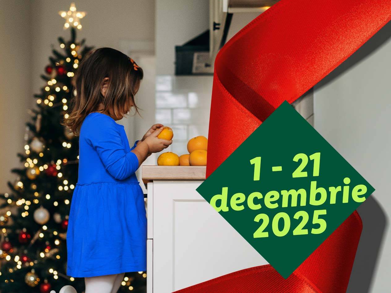 Fetiță lângă bradul de Crăciun, cu portocale, și o panglică roșie cu textul „1-21 decembrie 2025”.