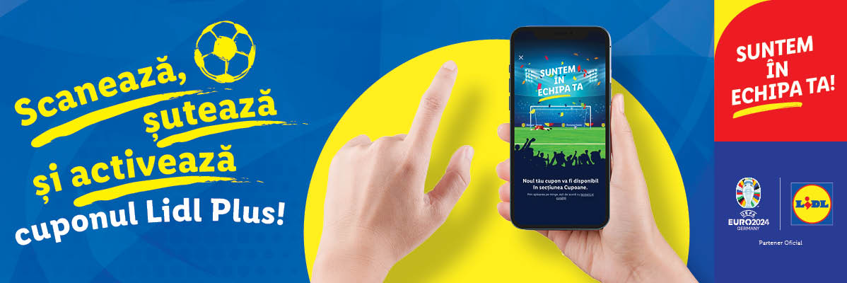 Cupoane Lidl Plus cu tematică fotbalistică, scanează și activează pe mobil.
