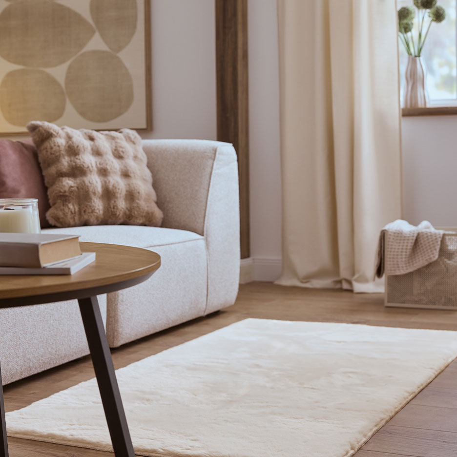 Covor bej în living cu canapea, perne și măsuță de cafea.